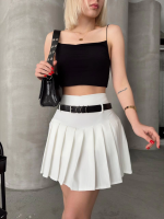 Kemerli Piliseli Şort Etek Beyaz S25305 (Beden: L) - Görsel 6