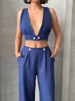 Crop Pantolon Keten Takım S255012 Lacivert (Beden: M) - Görsel 3