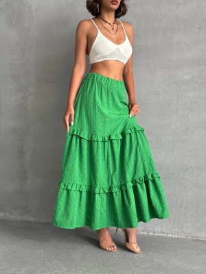 Fırfırlı Brodeli Astarlı Uzun Etek Yeşil S255047 (Beden: Xl)