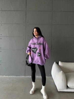 3 İplik Şardonlu Oversize True Baskılı Sweat Mor (Beden: S)