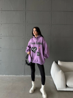 3 İplik Şardonlu Oversize True Baskılı Sweat Mor (Beden: M)