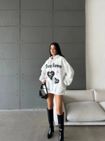 3 İplik Şardonlu Oversize True Baskılı Sweat Beyaz (Beden: M)