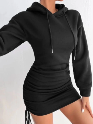 3 İplik Şardonlu Kapşonlu Elbise Siyah (Beden: L)