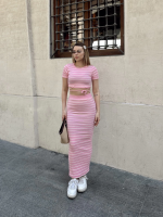 Çizgili Etekli Takım Pembe S3609 (Beden: S) - Görsel 5