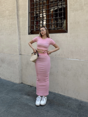 Çizgili Etekli Takım Pembe S3609 (Beden: M)