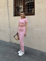 Çizgili Etekli Takım Pembe S3609 (Beden: L) - Görsel 6