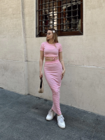 Çizgili Etekli Takım Pembe S3609 (Beden: L) - Görsel 2