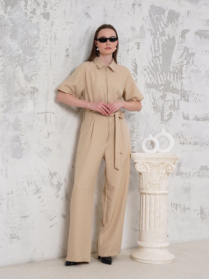 Kuşaklı Gömlek Yaka Salaş Tulum Bej S255822 (Beden: M)