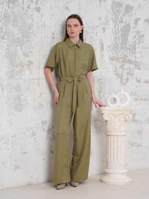 Kuşaklı Gömlek Yaka Salaş Tulum Haki S255822 (Beden: S)