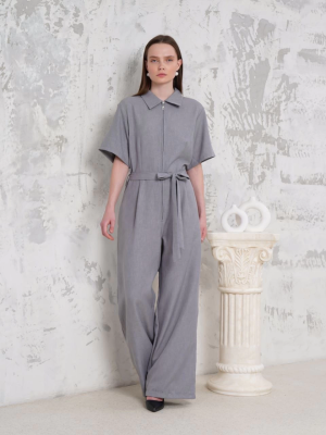 Kuşaklı Gömlek Yaka Salaş Tulum Gri S255822 (Beden: S)