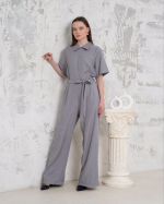 Kuşaklı Gömlek Yaka Salaş Tulum Gri S255822 (Beden: M) - Görsel 4