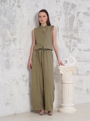 Broşlu Yelek Pantolon Takım Haki S255821 (Beden: S)