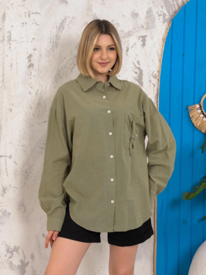 Relax Fit Keten Gömlek Haki S255349 (Beden: S)