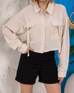 Kemer Cepli Keten Crop Gömlek Krem S255350 (Beden: L) - Görsel 4