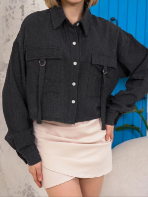 Kemer Cepli Keten Crop Gömlek Siyah S255350 (Beden: S)