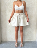 Volanlı Keten Şort Bej S255058 (Beden: M)