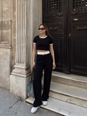 Crop Pantolon Biyeli Takım Siyah (Beden: S)
