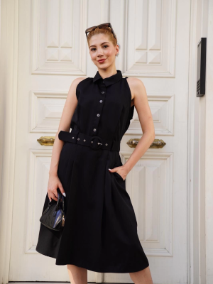 Gömlek Yaka Kemerli Elbise Siyah S255061 (Beden: S)