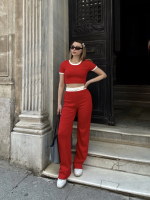 Crop Pantolon Biyeli Takım Kırmızı (Beden: M) - Görsel 6