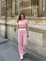 Crop Pantolon Biyeli Takım Pembe (Beden: M)