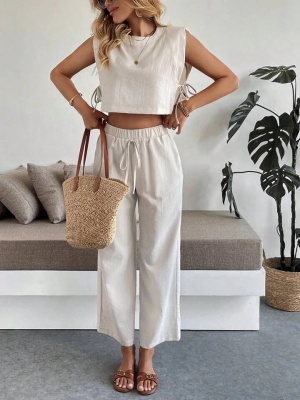 Yan Bağlama Detaylı Pantolonlu Takım Bej (Beden: L)