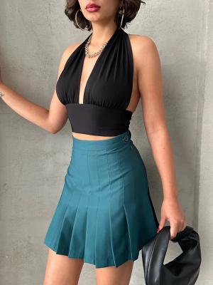 Pileli Düğmeli Etek Yeşil S24811 (Beden: S)