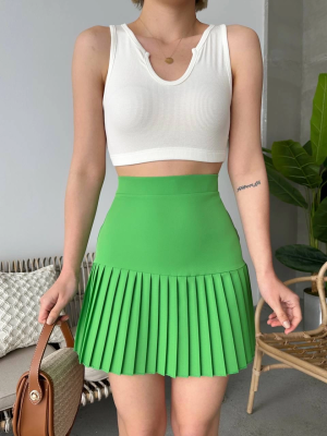 Altı Pliseli Mini Etek Yeşil S24705 (Beden: M)