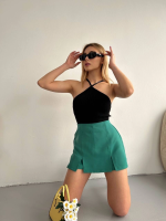 Çift Yırtmaçlı Atlas Şort Etek Yeşil S240364 (Beden: S) - Görsel 2