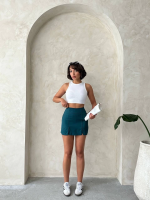 Çift Yırtmaçlı Atlas Şort Etek Petrol Yeşili S240364 (Beden: L) - Görsel 3