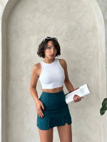 Çift Yırtmaçlı Atlas Şort Etek Petrol Yeşili S240364 (Beden: L) - Görsel 2