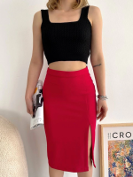 Yırtmaçlı Esnek Kumaş Midi Boy Etek Koyu Kırmızı (Beden: S)