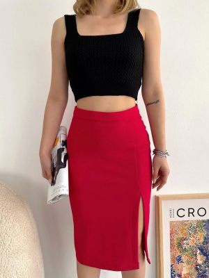 Yırtmaçlı Esnek Kumaş Midi Boy Etek Koyu Kırmızı (Beden: S)