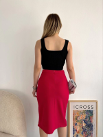 Yırtmaçlı Esnek Kumaş Midi Boy Etek Koyu Kırmızı (Beden: S) - Görsel 2