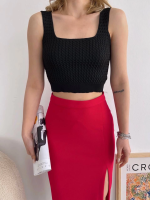 Yırtmaçlı Esnek Kumaş Midi Boy Etek Koyu Kırmızı (Beden: S) - Görsel 3