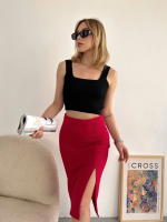 Yırtmaçlı Esnek Kumaş Midi Boy Etek Koyu Kırmızı (Beden: S) - Görsel 5