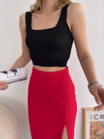 Yırtmaçlı Esnek Kumaş Midi Boy Etek Koyu Kırmızı (Beden: S) - Görsel 4