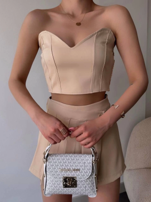 Arkadan Büzgülü Esnek Büstiyer Bej (Beden: S)