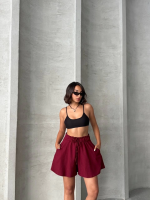 Volanlı Keten Şort Bordo S255058 (Beden: L) - Görsel 5