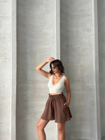 Volanlı Keten Şort Kahve S255058 (Beden: L) - Görsel 3