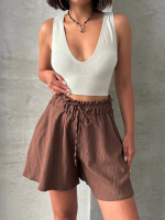 Volanlı Keten Şort Kahve S255058 (Beden: Xl)