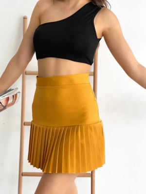 Altı Pliseli Mini Etek Hardal S24705 (Beden: L)
