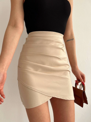 Yandan Drapeli Asimetrik Etek Bej S24771 (Beden: M)