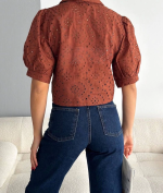 Brodeli Crop Gömlek S1023 Kahve (Beden: S) - Görsel 3