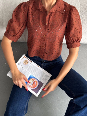 Brodeli Crop Gömlek S1023 Kahve (Beden: M)