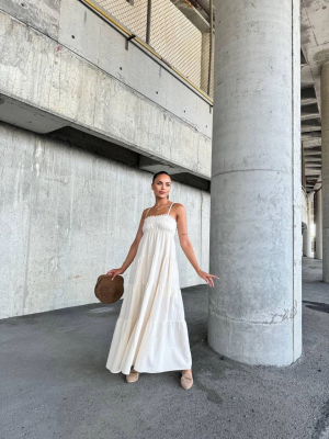 Dantelli Askılı Keten Elbise S4310 Bej (Beden: L)