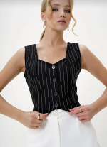 Çizgili Krep Düğmeli Yelek Siyah S3395 (Beden: Xl)