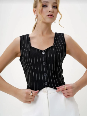 Çizgili Krep Düğmeli Yelek Siyah S3395 (Beden: Xl)