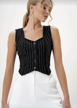 Çizgili Krep Düğmeli Yelek Siyah S3395 (Beden: Xl) - Görsel 2