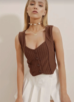 Çizgili Krep Düğmeli Yelek Kahve S3395 (Beden: L) - Görsel 4