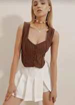 Çizgili Krep Düğmeli Yelek Kahve S3395 (Beden: L) - Görsel 2